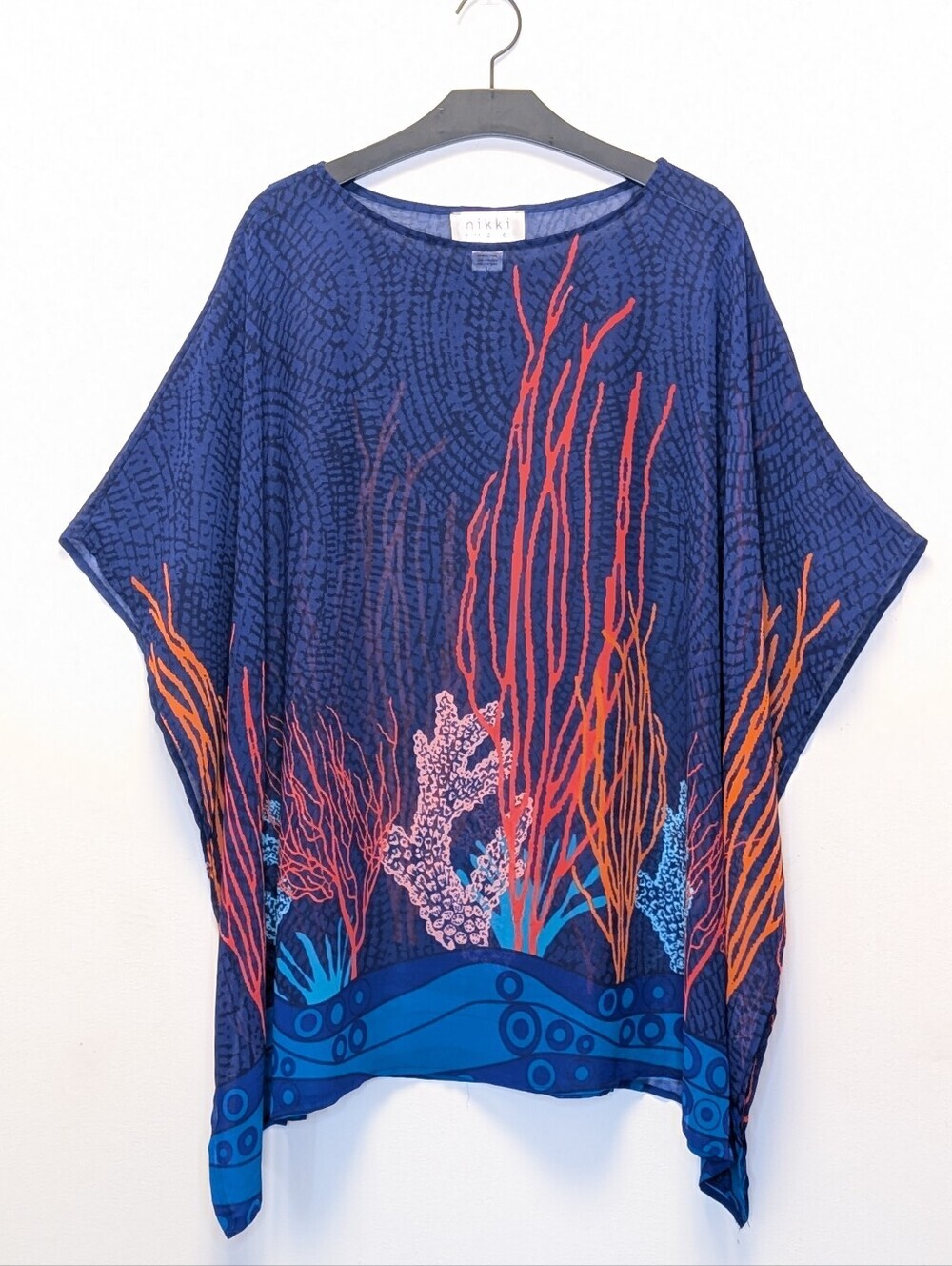 Nikki Poulos Sheer Coral Reef Kaftan Cover Up Blue Beach Tunic Chic Resort L